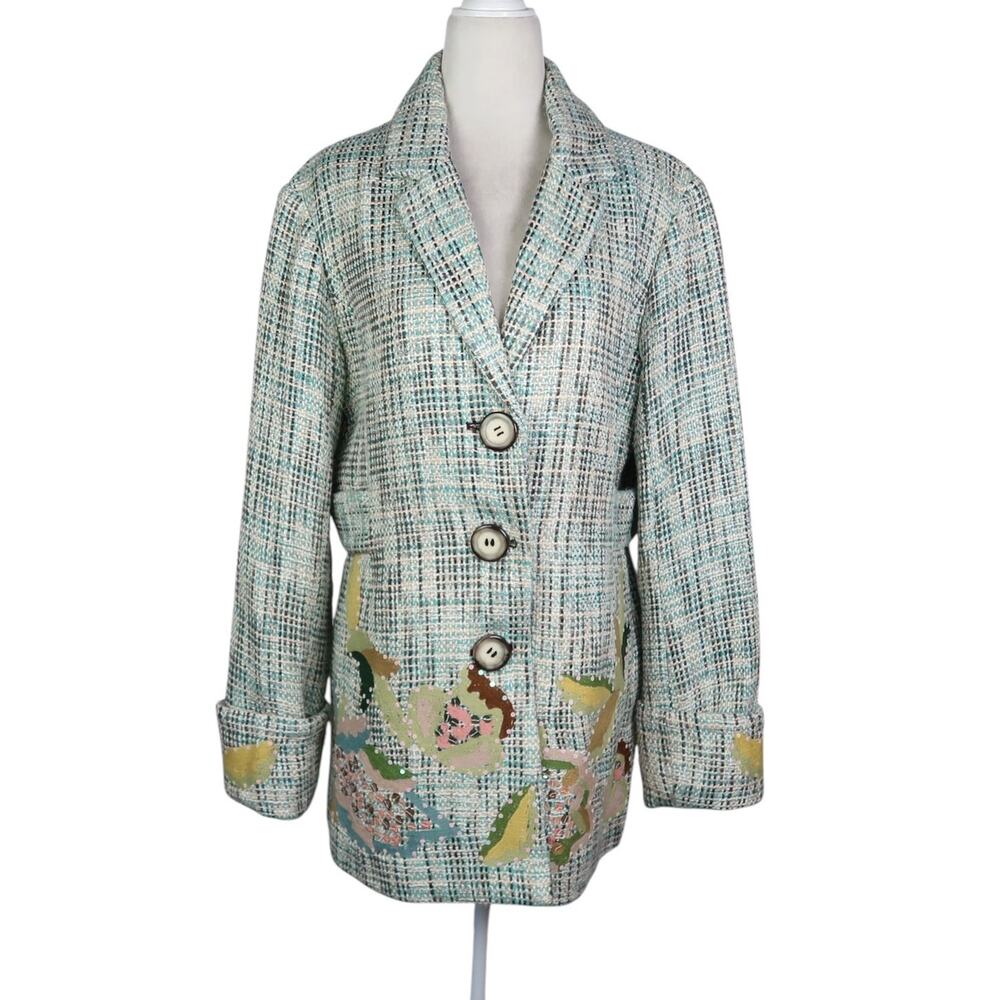 Vintage Y2K Kenzie Aqua Blue and Cream Plaid Tweed Blazer Floral Applique